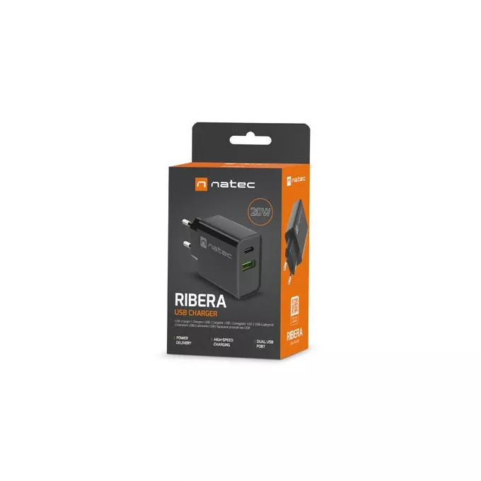 Natec Ładowarka sieciowa Ribera 1x USB-A + 1x USB-C 20W Czarna