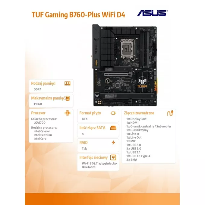 Asus Płyta główna TUF Gaming B760-PLUS WIFI D4 s1700 4DDR4 ATX