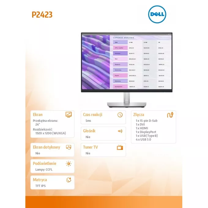 Dell Monitor P2423 24 cale IPS 16:10 WUXGA/HDMI/DVI/DP/VGA/5Y
