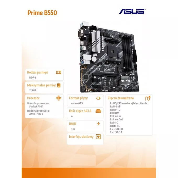 Asus Płyta główna Prime B550M-A/CSM AM4 4DDR4 HDMI M.2 mATX