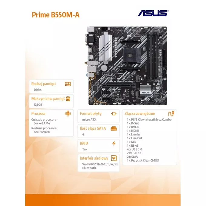 Asus Płyta główna Prime B550M-A WIFI II AM4 4DDR4 HDMI M.2 mATX