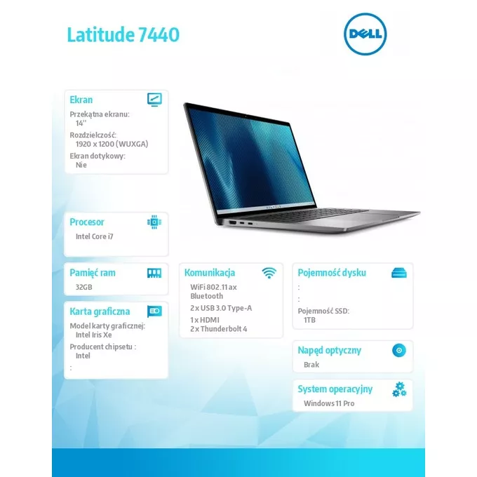 Dell Notebook Latitude 7440 Win11Pro i7-1365U/32GB/1TB SSD/14.0 FHD+/Intel Iris Xe/FgrPr &amp; SmtCd/FHD/IR Cam/Mic/WLAN + BT/Backlit Kb/3 Cell/3YPS