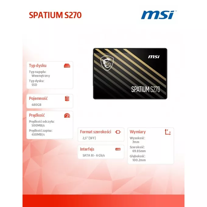 MSI Dysk SSD SPATIUM S270 480GB 2,5 cala SATA3 500/450MB/s