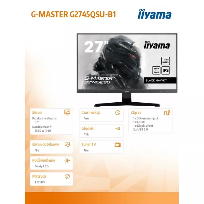 IIYAMA Monitor 27 cali G-Master G2745QSU-B1 IPS,FHD,100Hz,1ms,2xUSB,2x2W,FreeSync