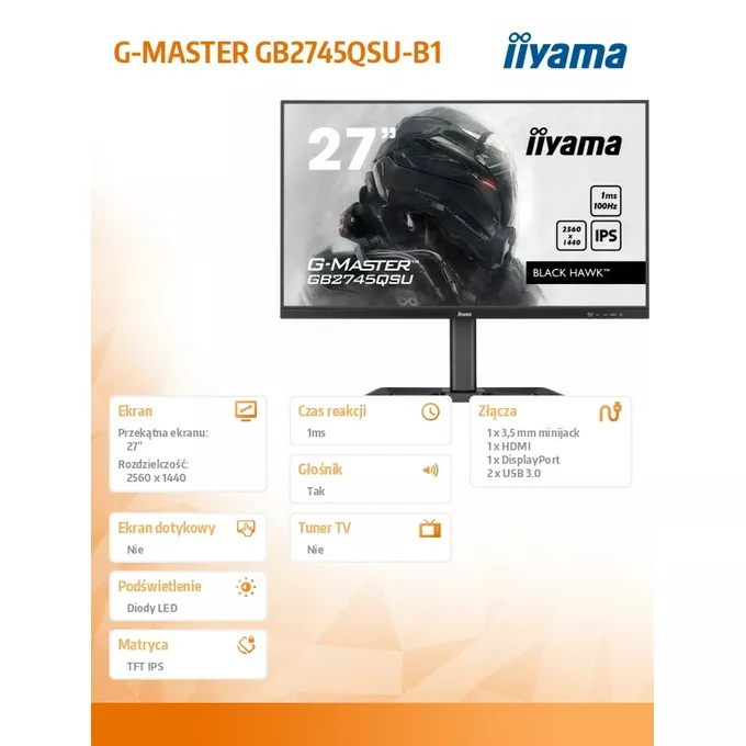 IIYAMA Monitor 27 cali G-Master GB2745QSU-B1 IPS,QHD,100Hz,1ms,2xUSB,2x2W,FreeSync,  HAS(150mm)