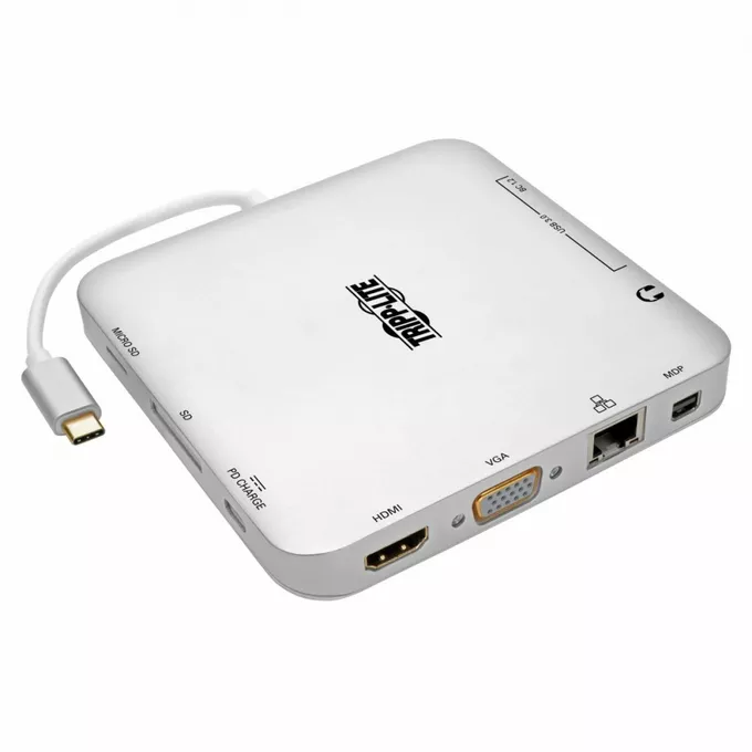 Eaton Stacja dokująca USB-C, podwójny wyświetlacz 4K HDMI/mDP, VGA, USB 3.2 Gen 1, koncentrator USB-A/C, GbE, ładowanie PD 60 W U442-DOCK2-S