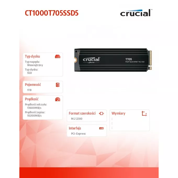 Crucial Dysk SSD T705  1TB M.2 NVMe 2280 PCIe 5.0 13600/10200 radiator
