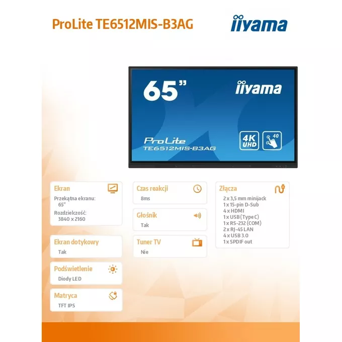 IIYAMA Monitor 65 cali ProLite TE6512MIS-B3 AG,40pkt,IPS,4K,24/7