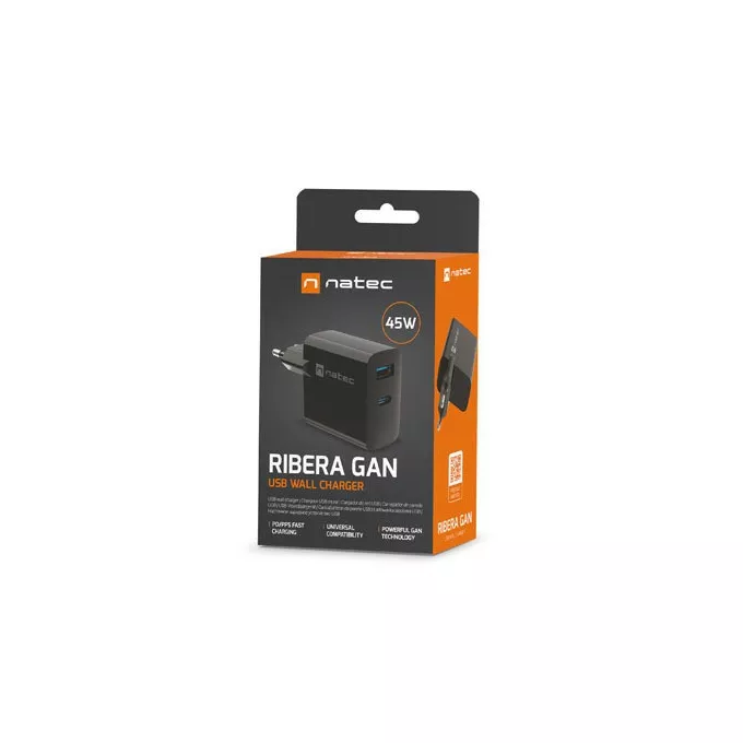 Natec Ładowarka sieciowa Ribera GAN 1X USB-A + 1X USB-C 45W Czarna