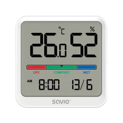 Savio Czujnik temperatury i wilgotności, do użytku wewnętrznego, ekran LCD, zegar, data, uchwyt z magnesem, CT-01/W Biały