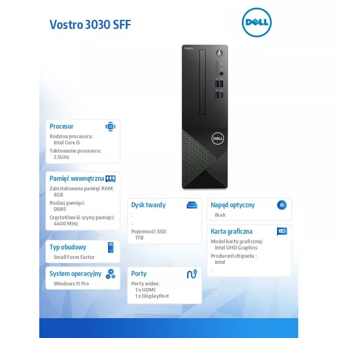 Dell Komputer Vostro 3030 SFF Win11Pro i5-14400/8GB/1TB SSD/Intel UHD 730/WLAN+BT/Kb/Mouse/3YPS