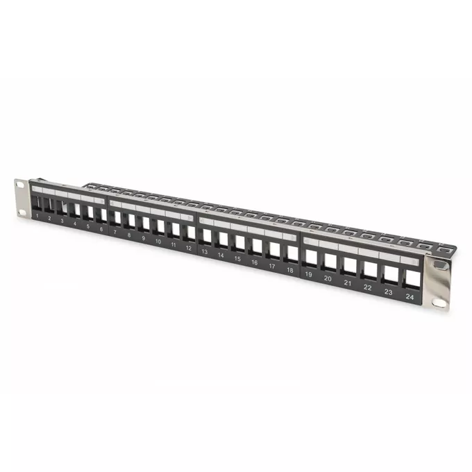 Digitus Panel krosowy (patch panel) modularny 19&quot; 24 porty pod moduły keystone, 1U, ekranowany, prowadnica kabli, wymienne pola opisowe Czarny