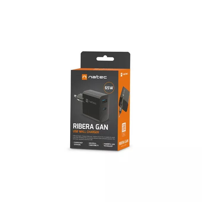 Natec Ładowarka sieciowa Ribera GAN 1X USB-A + 1X USB-C 65W Czarna