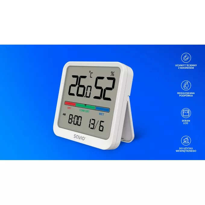 Savio Czujnik temperatury i wilgotności, do użytku wewnętrznego, ekran LCD, zegar, data, uchwyt z magnesem, CT-01/W Biały