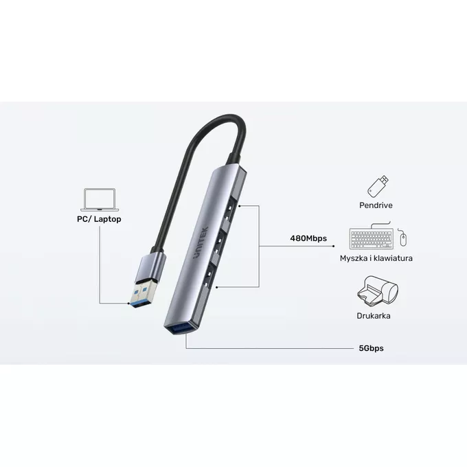 Unitek Hub USB-A; 3x USB-A 2.0; 1x USB-A 5 Gbps Aluminiowy