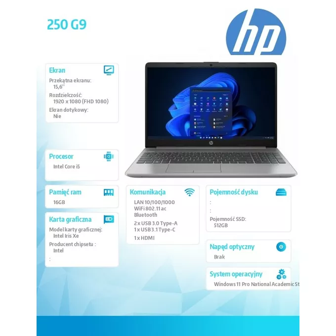 HP Notebook 250 G9 i5-1235U EDU 512GB/16GB/W11P  3Y 8X8W6ES
