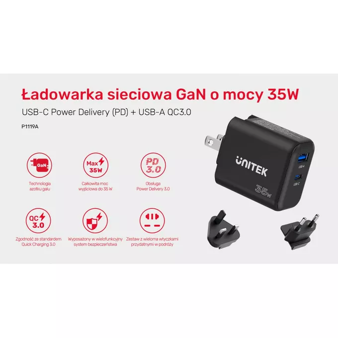 Unitek Ładowarka Sieciowa GAN PD USB-C + USB-A 35W; P1119A