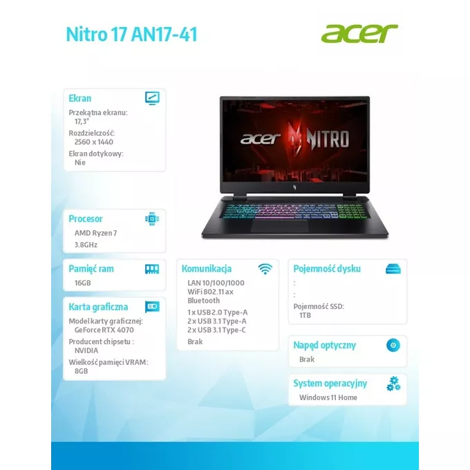 Acer Notebook Nitro 17 AN17-41-R5CS     WIN11H/07-7840HS/16GB/1TB/RTX4070/17.3