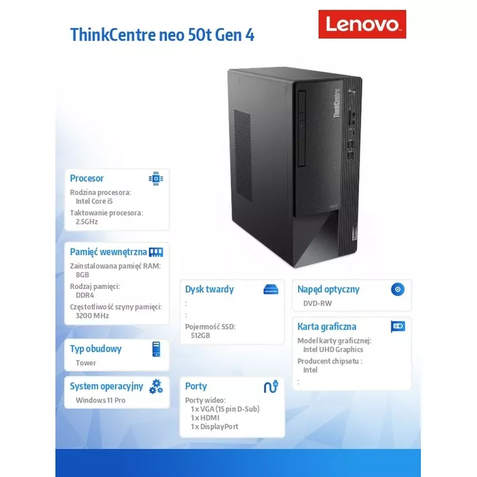 Lenovo Komputer ThinkCentre Neo 50t G4 TWR 12JB0019PB W11Pro i5-13400/8GB/512GB/INT/DVD/3YRS OS