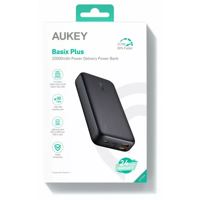 AUKEY PB-N74S Power Bank | 20000 mAh | 5xUSB | Quick Charge 3.0 | Power Delivery 3.0 | 22.5W | SCP | LED | kabel USB-C