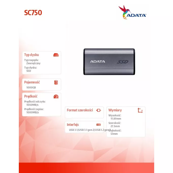 Adata Dysk zewnętrzny SSD SC750 1000G USB3.2C 1050/1000 MB/s