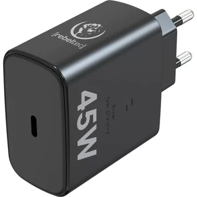 Rebeltec Zasilacz PD45W USB-C uniwersalny do notebooków, smartphonów, tabletów, power banków i innych urządzeń z gniazdem zasilającym USB-C.