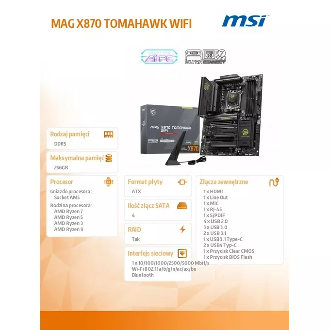 MSI Płyta główna MAG X870 TOMAHAWK WIFI AM5 4DDR5 ATX
