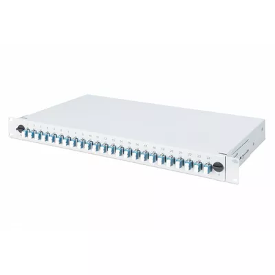 Digitus Przełącznica światłowodowa/panel krosowy z wyposażeniem 19 cali 1U, 24x LC duplex, OS2, zawiera pigtaile, adaptery, tacki, wysuwany, Szara