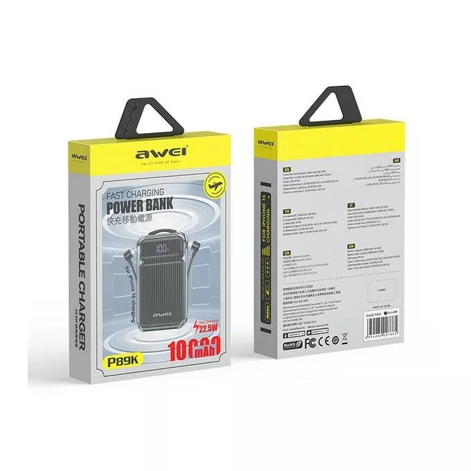 AWEI Powerbank 10000mAh 38,5W P89K wbudowane kable USB-C , Lightning  wyjścia 1xUSB+ USB-C