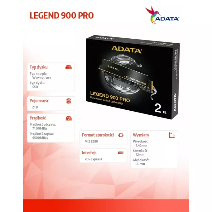Adata Dysk SSD LEGEND 900 Pro 2TB PCIe 4x4 7.4/6.5 GB/s M2