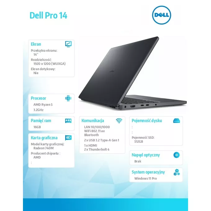 Dell Laptop Dell Pro 14 PC14255/AMD Ryzen 5 220/16GB/512GB SSD/14.0 FHD+/Radeon 740M/FgrPr/FHD/IR Cam/Mic/WLAN+BT/Backlit Kb/3 Cell/W11Pro