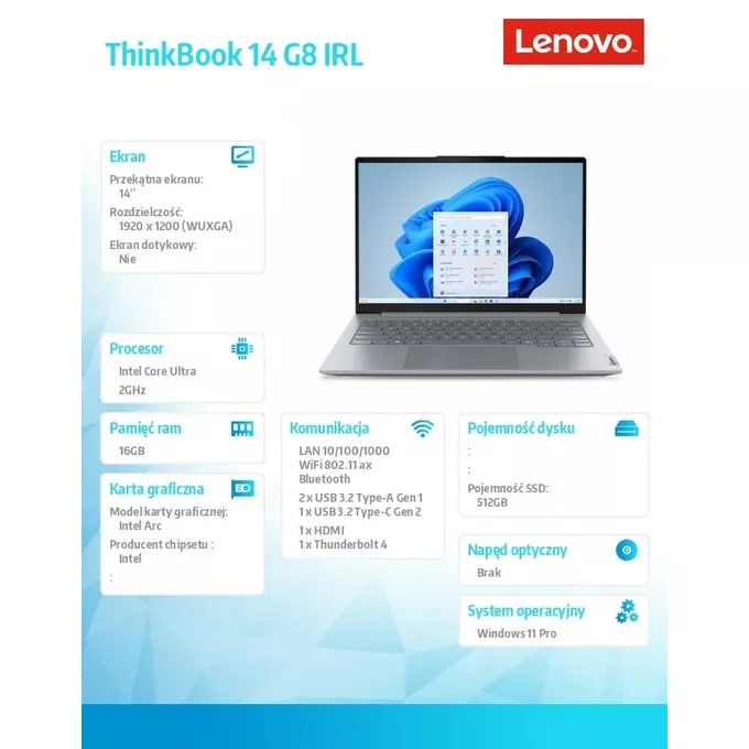 Lenovo Laptop ThinkBook 14 G8 21SJ0089PB W11Pro Ultra 7 255H/16GB/512GB/INT/14.0 WUXGA/Arctic Grey/3YRS OS + CO2 Offset