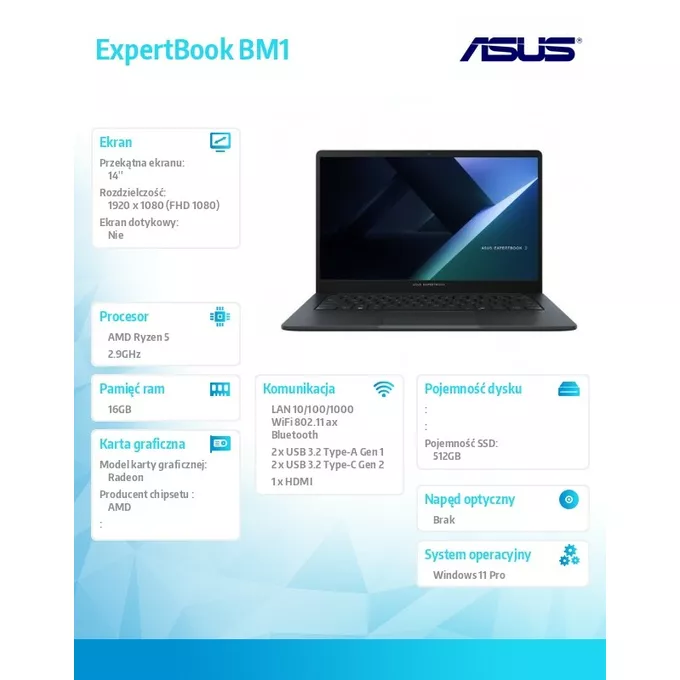 Asus Notebook ExpertBook BM1 BM1403CDA-S60101X - R5 7535U/16GB/512GB/14 FHD/Win 11 PRO/3YRS