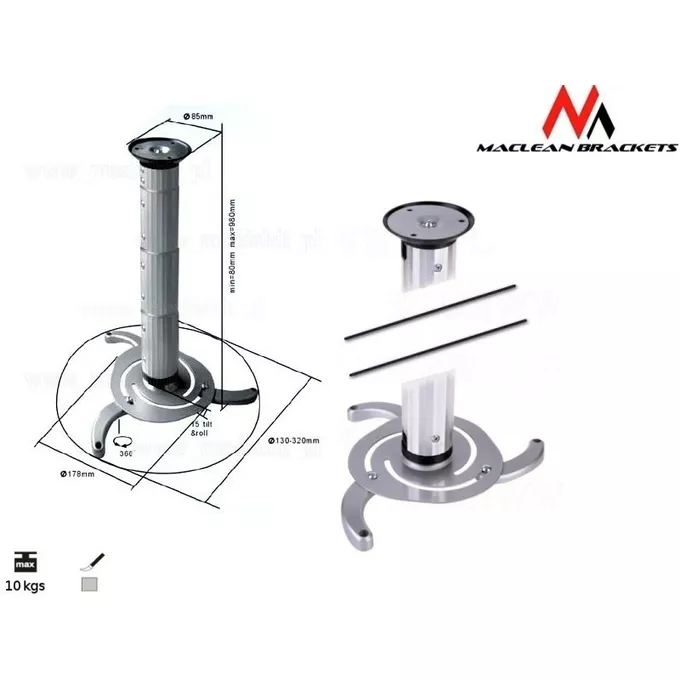 Maclean Uchwyt do projektora sufitowy MC-517S Odległość: 80mm - 980mm
