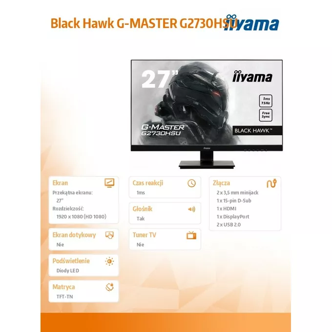 IIYAMA Monitor 27 G2730HSU-B1 TN,FHD 75Hz,HDMI,DP,USB, 1MS,