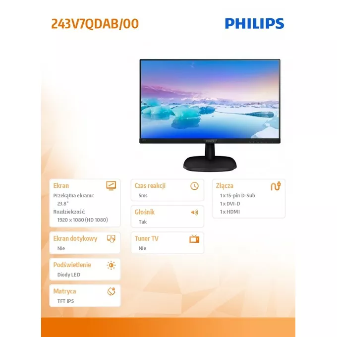 Philips Monitor 23.8 243V7QDAB IPS DVI HDMI Głośniki