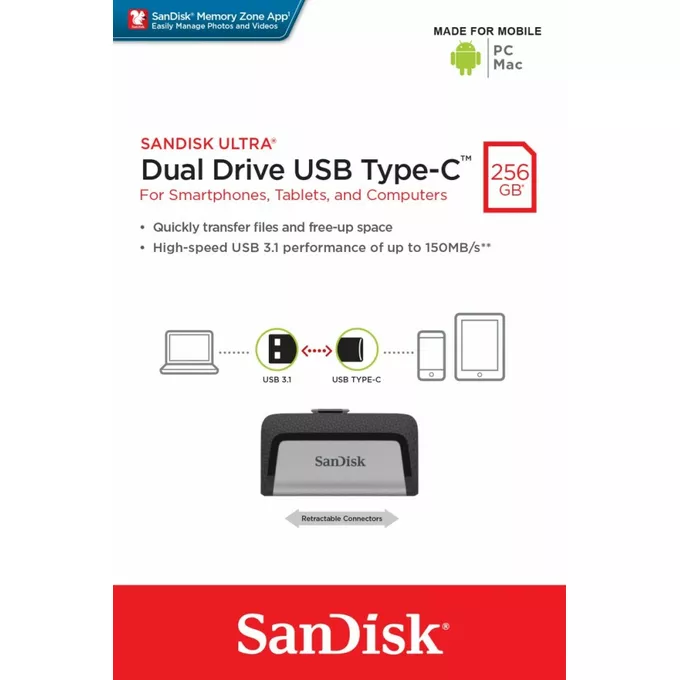 SanDisk Pendrive Ultra Dual Drive 256GB USB 3.1 Type-C 150MB/s
