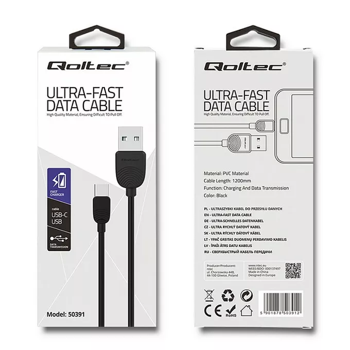 Qoltec Kabel USB typ C | USB 2.0 A | 1.2m | ultra szybki przesył danych