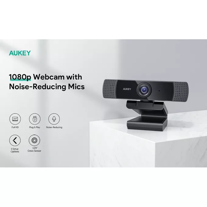 AUKEY PC-LM1E Kamera internetowa USB | Full HD 1920x1080 | 1080p | 30fps | Mikrofony stereo