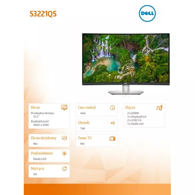 Dell Monitor S3221QS 31,5 cala Curved  VA 4K  (3840x2160)/16:9/2xHDMI/DP/2xUSB/Speakers/3Y AEG