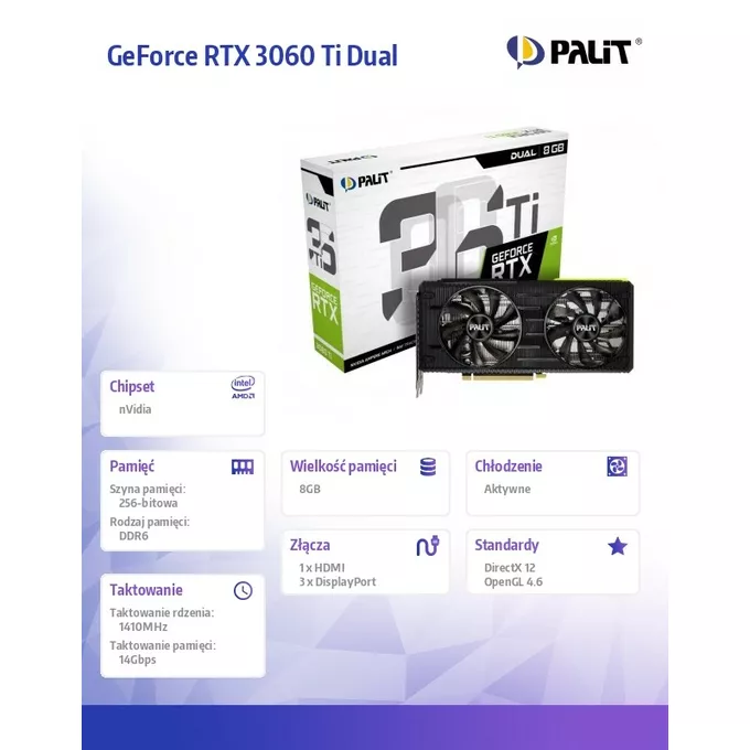 Palit Karta graficzna GeForce RTX 3060 Ti Dual 8GB GDDR6 256bit 3DP/HDMI
