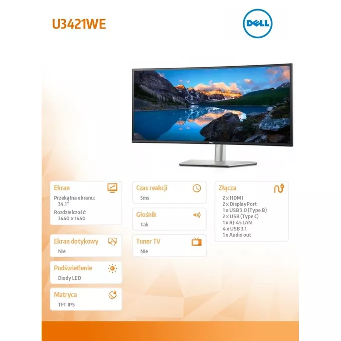 Dell Monitor U3421WE 34 cali IPS LE 21:9 WQHD(3440x1440)/3Y