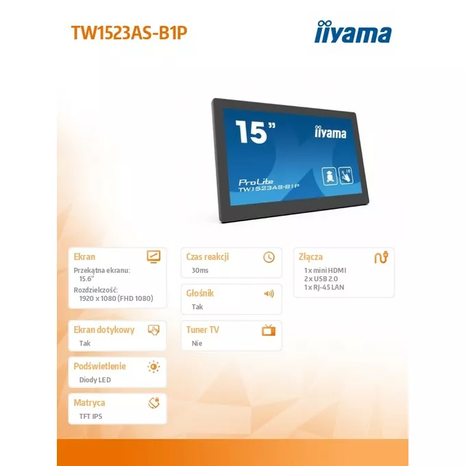 IIYAMA Monitor 15 cali TW1523AS-B1P 10P.DOT.IPS,ANDROID,USB,WIFI,MIC,2x2W