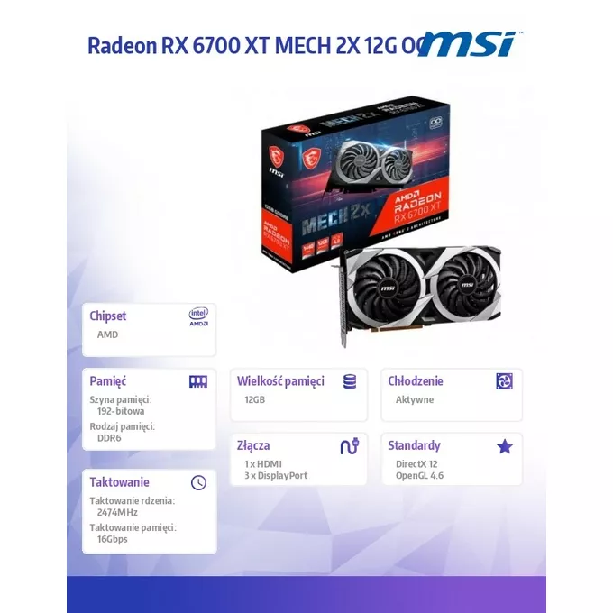MSI Karta graficzna Radeon RX 6700 XT MECH 2X OC 1 2GB 192bit GDDR6 3DP/HDMI