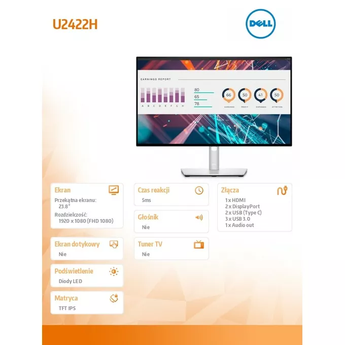 Dell Monitor U2422H 23,8 cali LED 1920x1080/HDMI/DP/USB-C