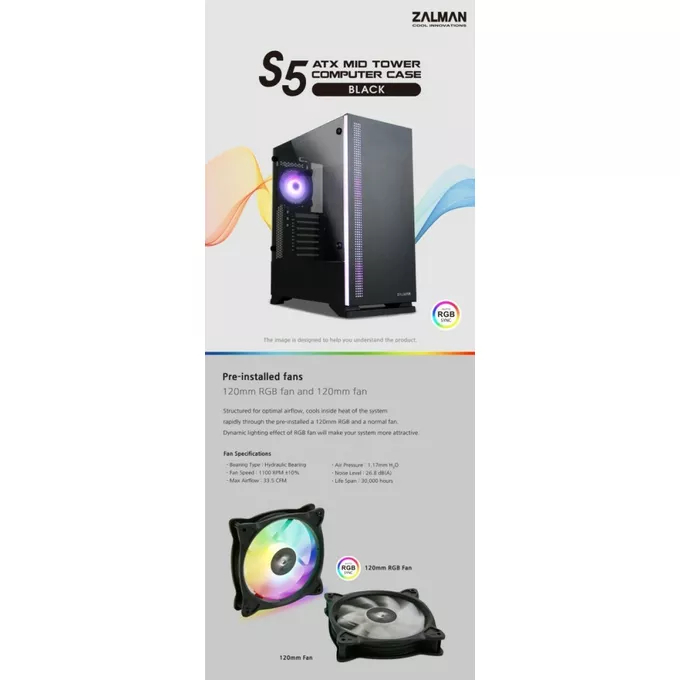 Zalman Obudowa S5 Black ATX Mid Tower PC Case RGB fan TG