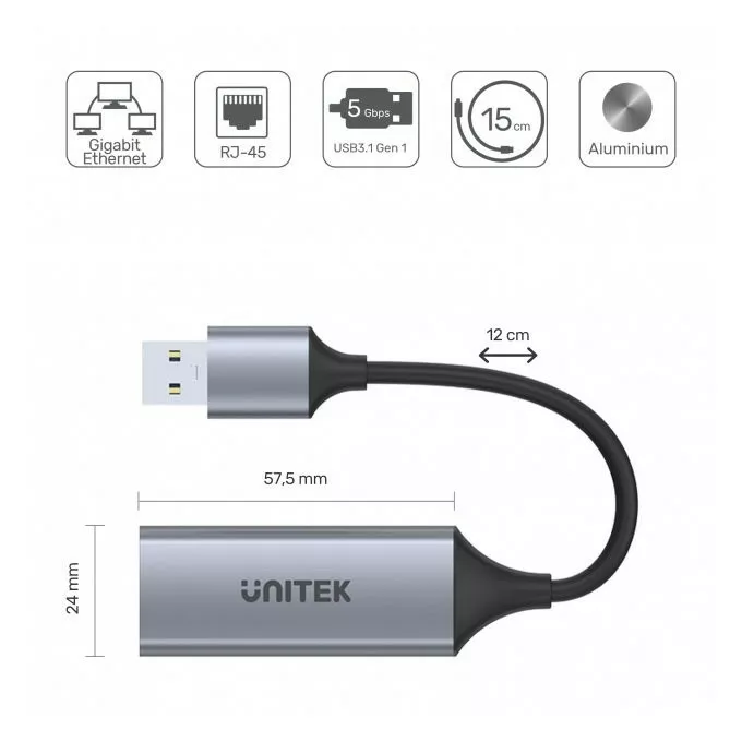 Unitek Adapter USB-A 3.1 GEN 1 RJ45; 1000 Mbps; U1309A