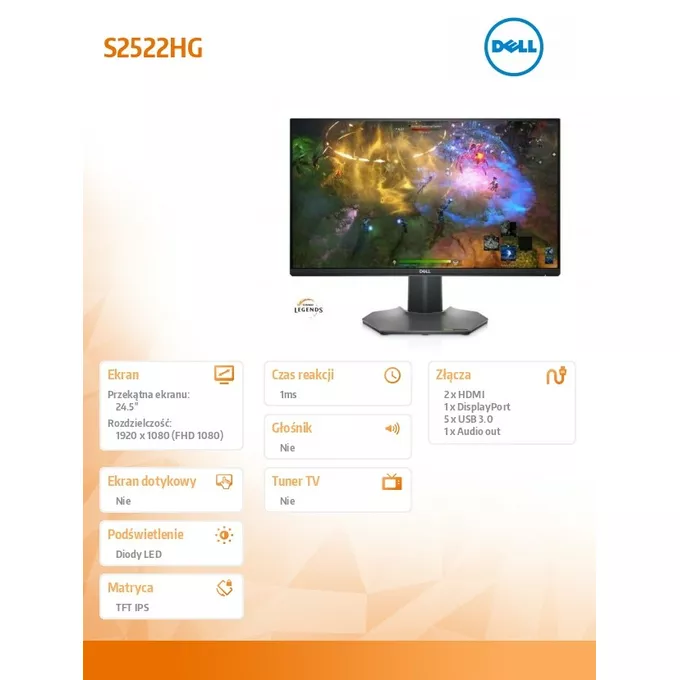 Dell Monitor S2522HG 24.5 cala 16:9 LED/IPS/1920x1080/DP/HDMI