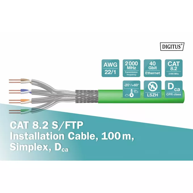 Digitus Kabel teleinformatyczny instalacyjny kat.8.2, S/FTP, Dca, AWG 22/1, LSOH, 100m, Zielony