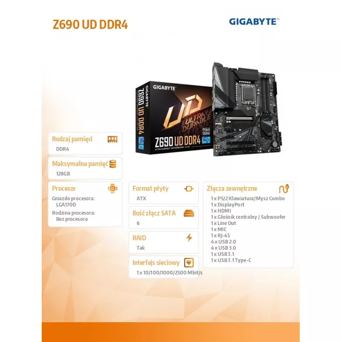 Gigabyte Płyta główna Z690 UD s1700 4DDR4 DP/HDMI M.2 ATX